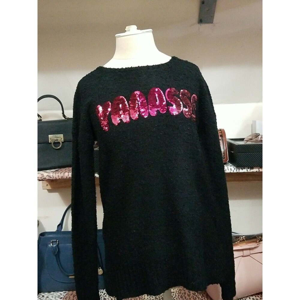 OH MG Womens Black Sequined Yas Long Sleeve Jewel Neck Sweater Size small